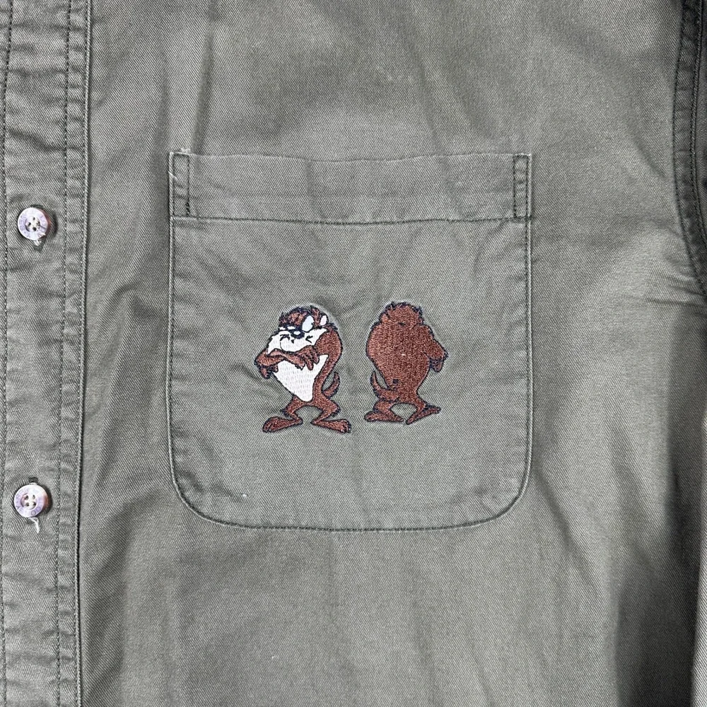 Vintage 1997 Warner Bros Looney Tunes Taz Tasmanian Devil Olive Button Down L